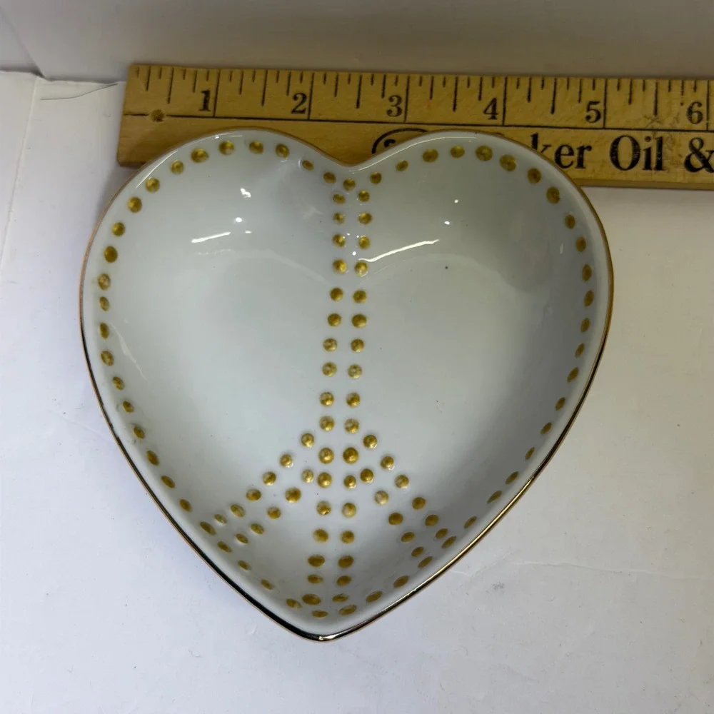 Pottery Barn Heart Trinket Dish White Ceramic Gold Dotted Peace Sign Decorative